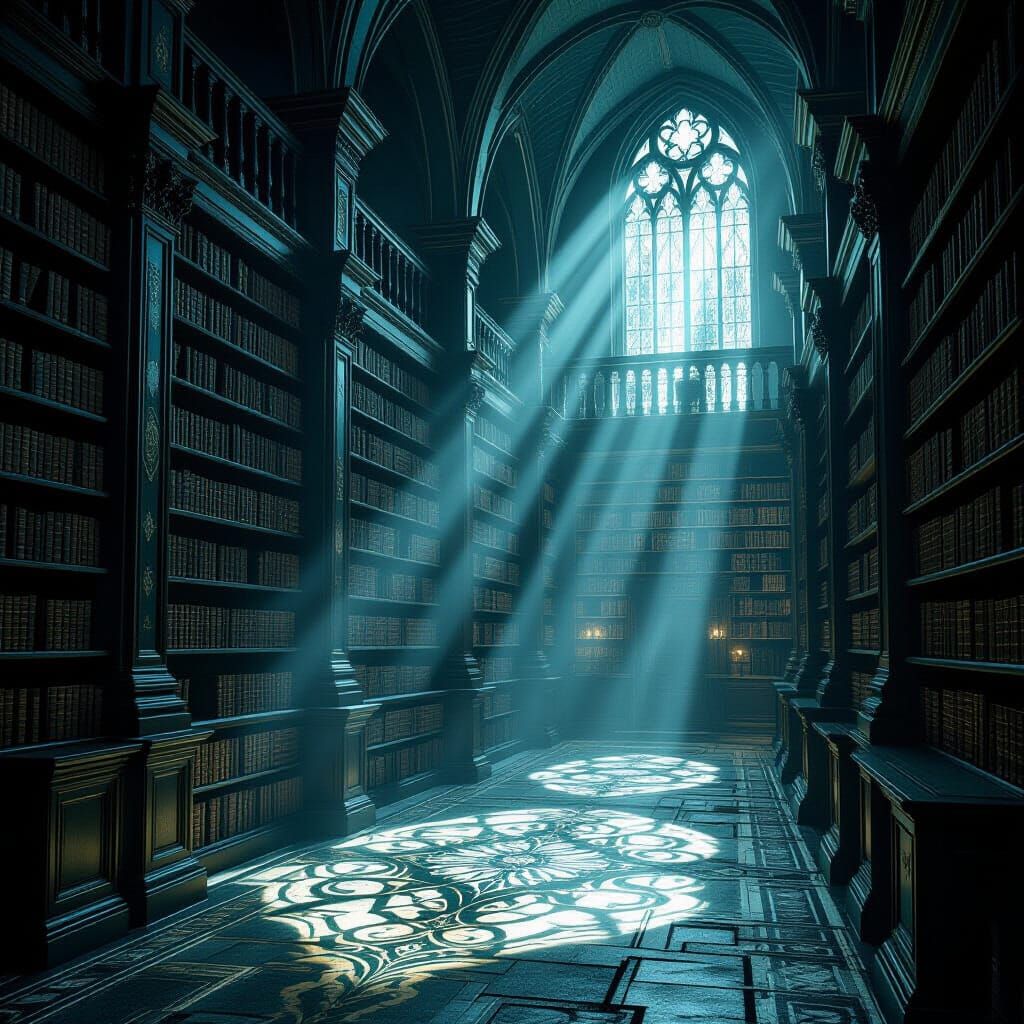 Ancient Library of Dusty Tomes in Ethereal Light