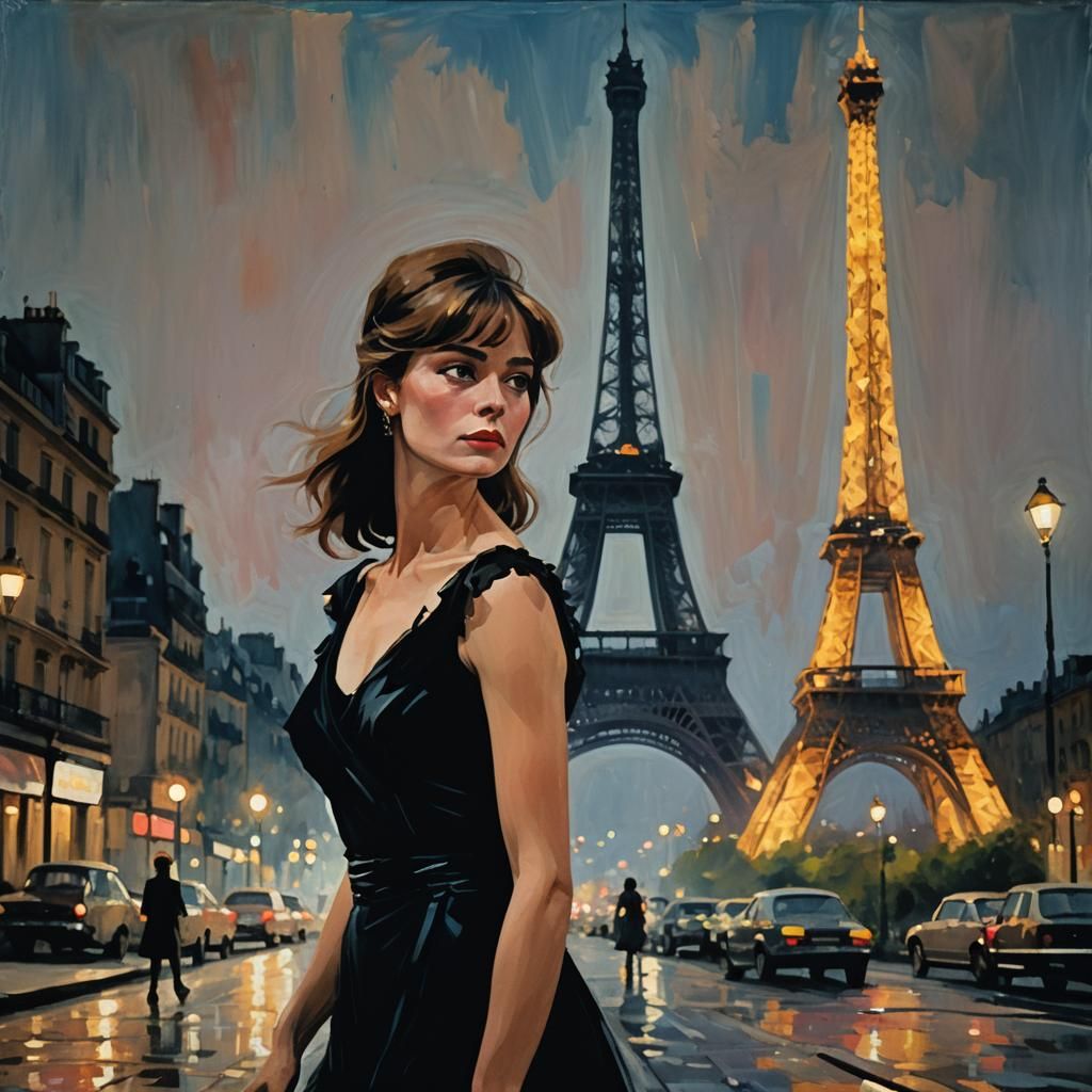 Eiffel Tower View: Woman in Gown, Abstract Style