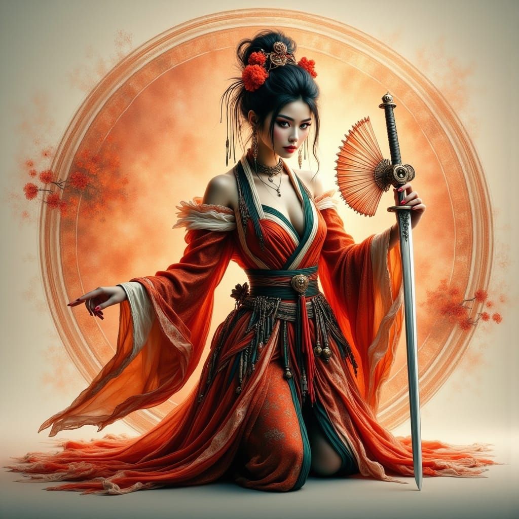 Steampunk Samurai Maiden in Elegant Low Stance