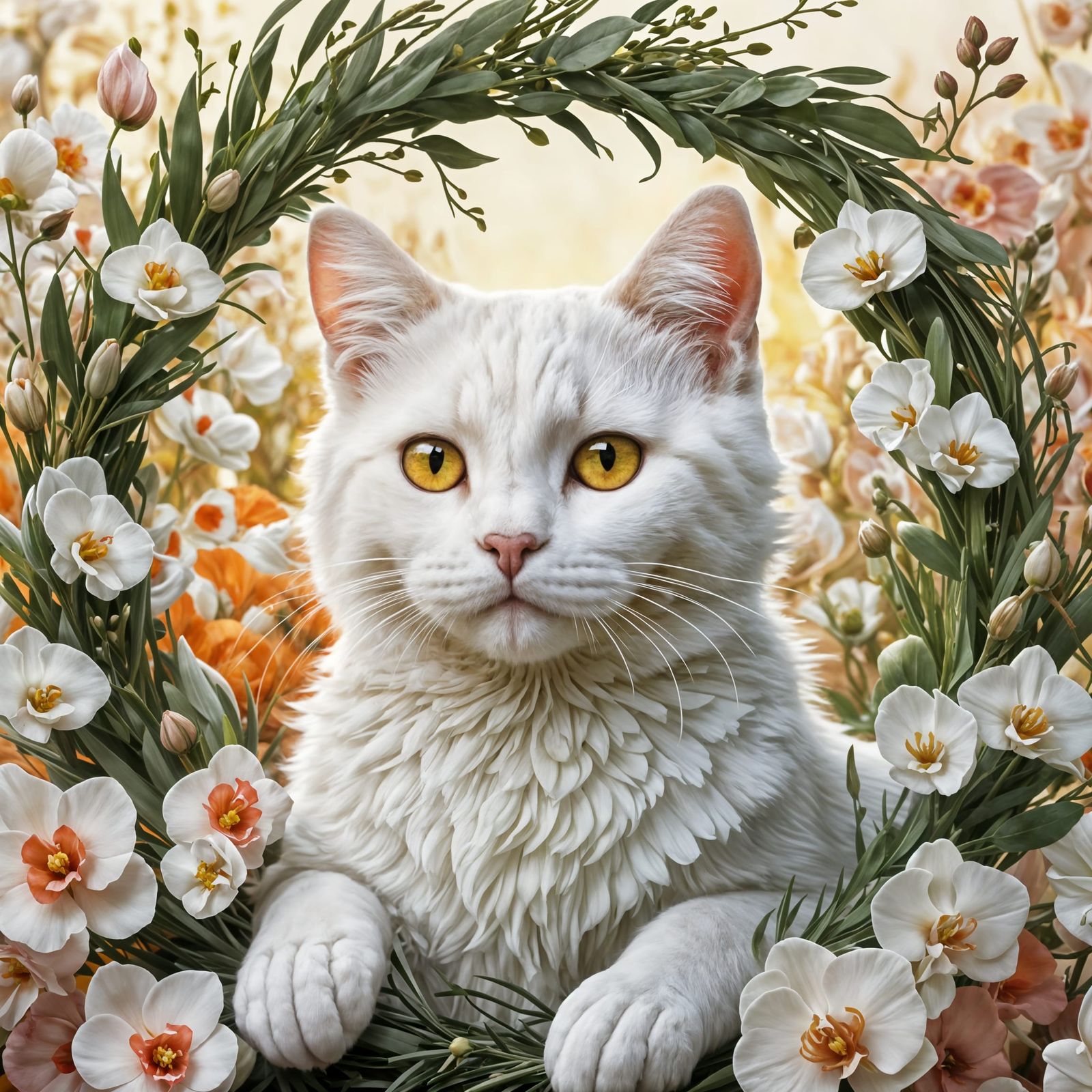 White Cat With Floral Wreath Portrait