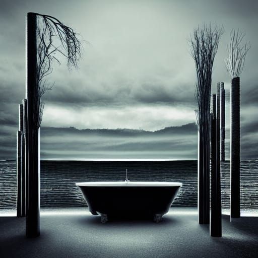 Goth Model in Surreal Coffee Shop with Marble Pool