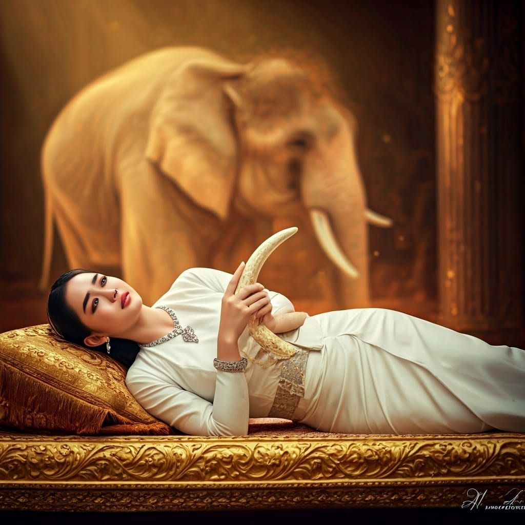 Elegant Burmese Woman with Elephant Tusk