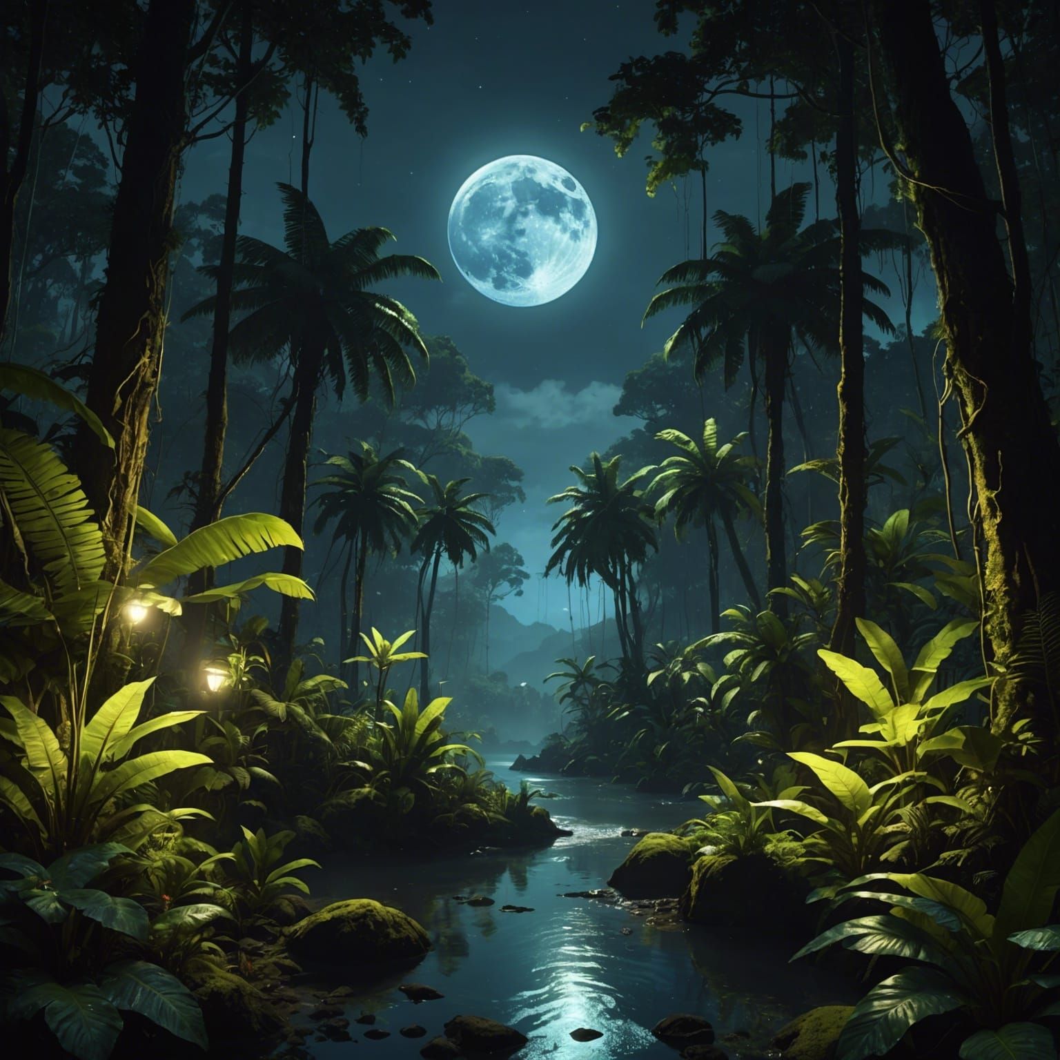 Moonlit Rainforest with Bioluminescent Plants, Digital Art