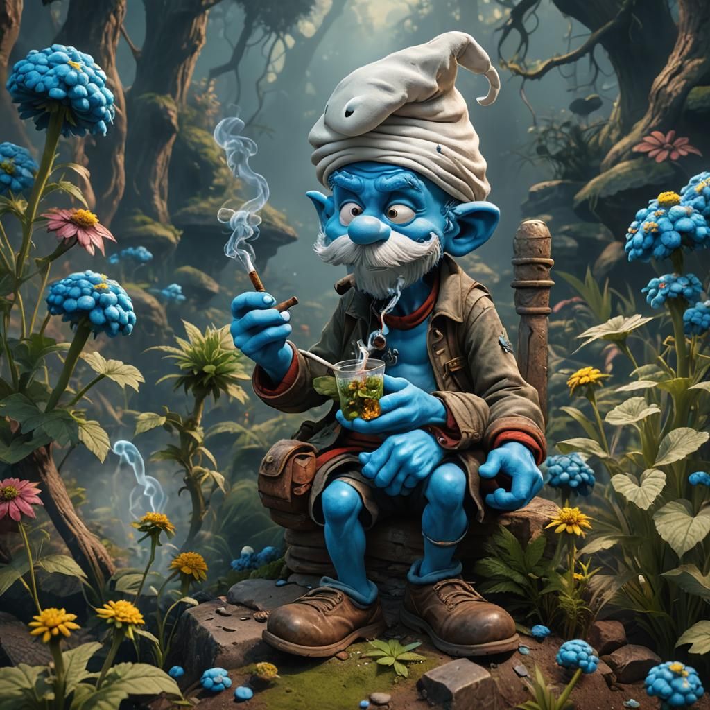 Papa Smurf Smoking Weed: Detailed Fantasy Art