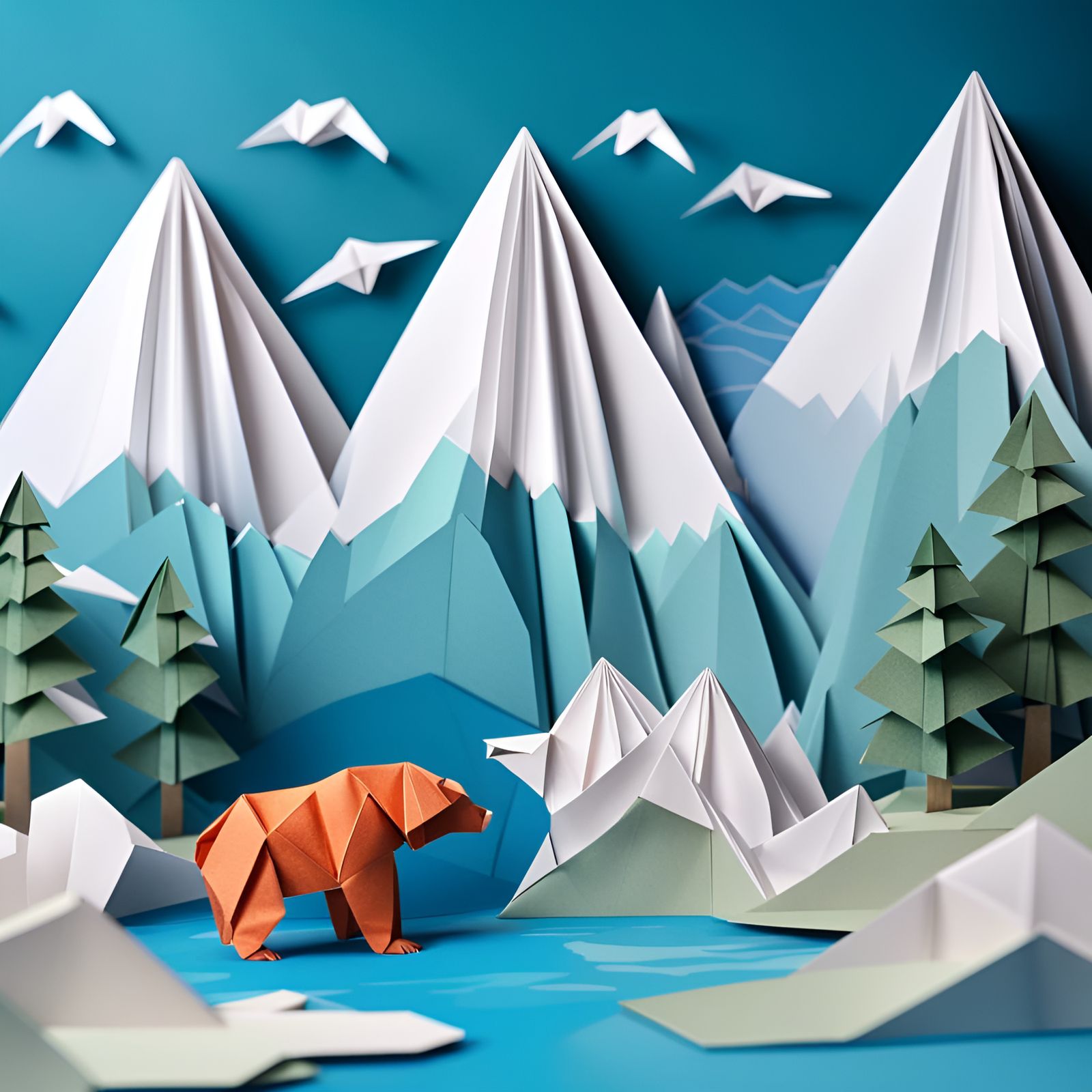 Origami Snow Mountains, River, and Bear Papercraft