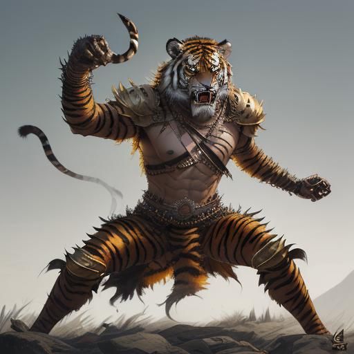Hyper-Realistic Tigerman with Armor and Claws