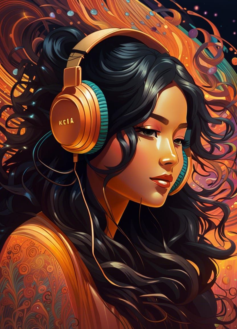 Woman Listening to Music in Psychedelic Digital Art