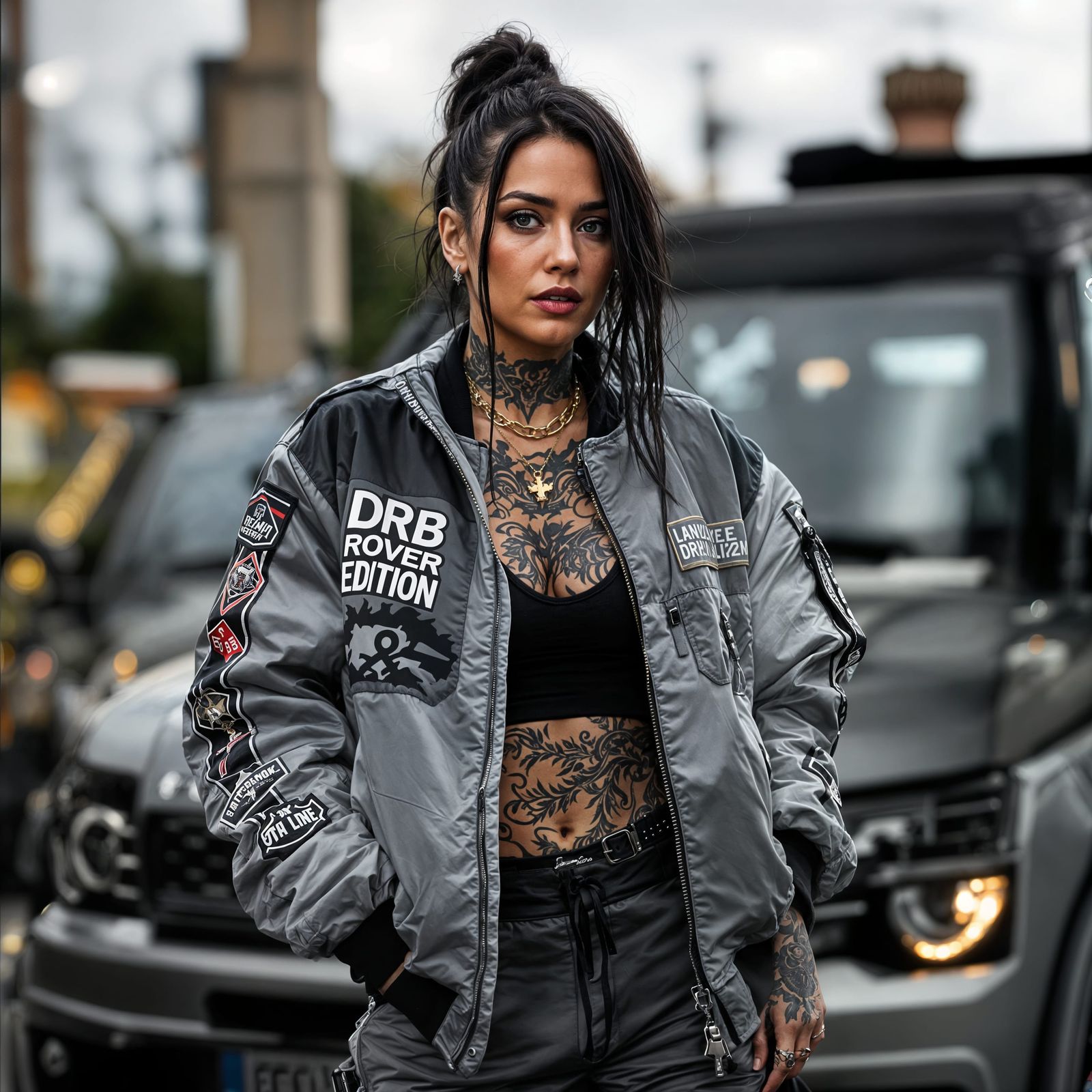 Woman with Tattoos in Bomber Jacket and Tracksuit