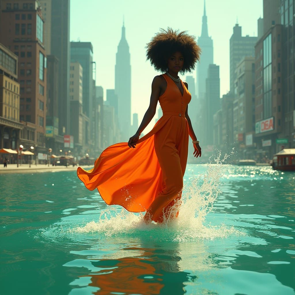 Woman Walks on Water in Retrofuturistic New York