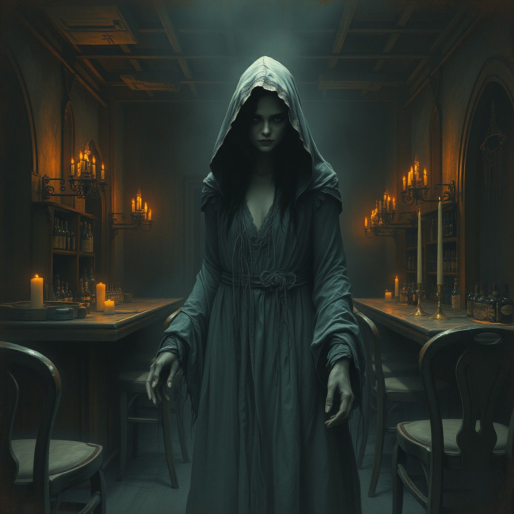 Ethereal Specter Haunts Abandoned Bar, Gothic Illustration