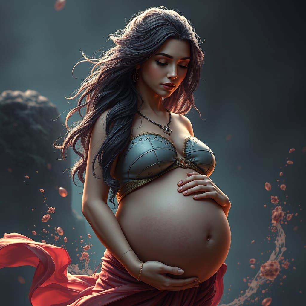 Surreal Pregnant Goddess in Vibrant Fantasy Landscape