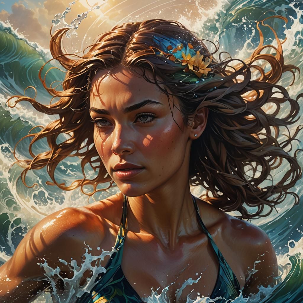 Athletic Woman Swimming in Ocean Waves, Art Nouveau