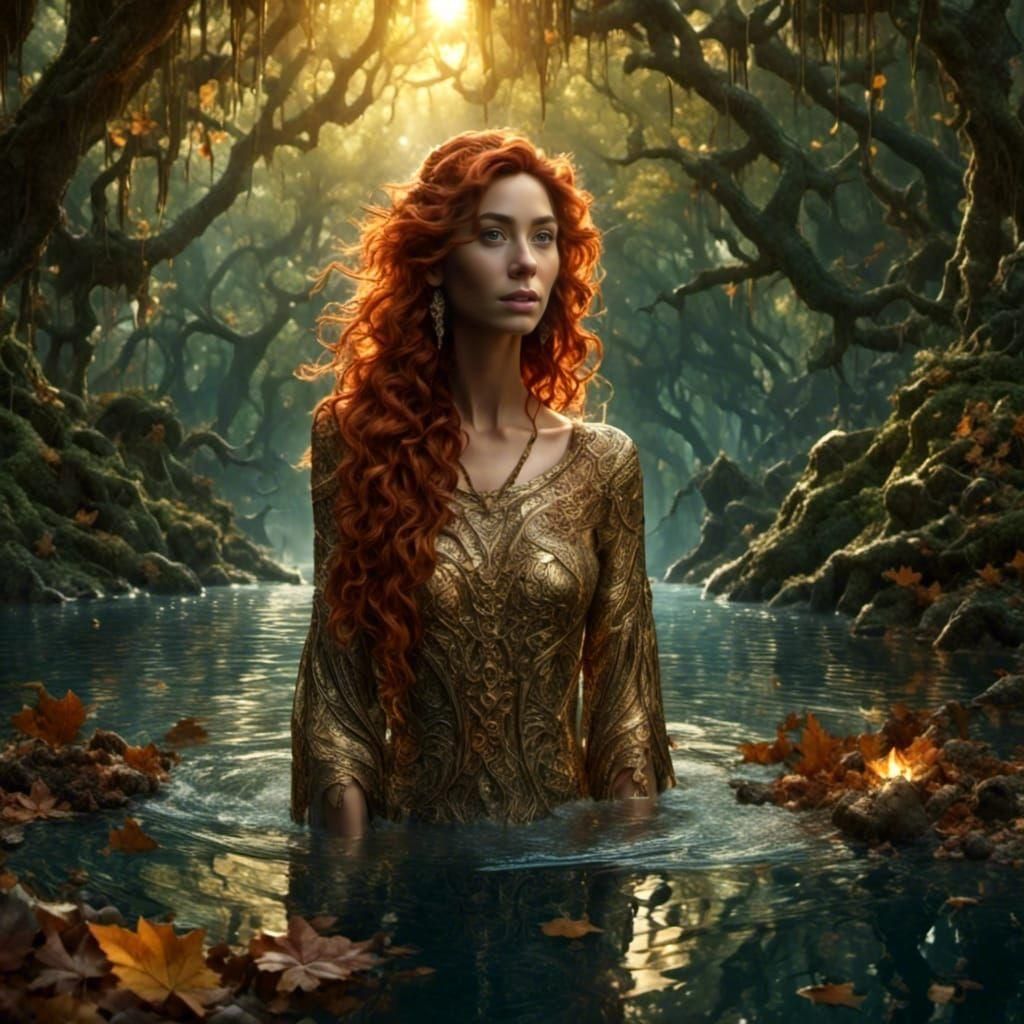 Photorealistic Columbian Woman in Crystal Lake at Sunset