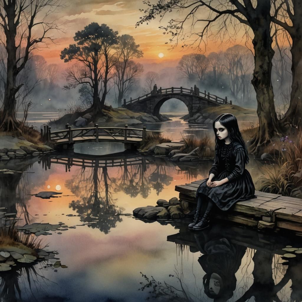 Gothic Girl by Pond with Antique Watercolor Bridge