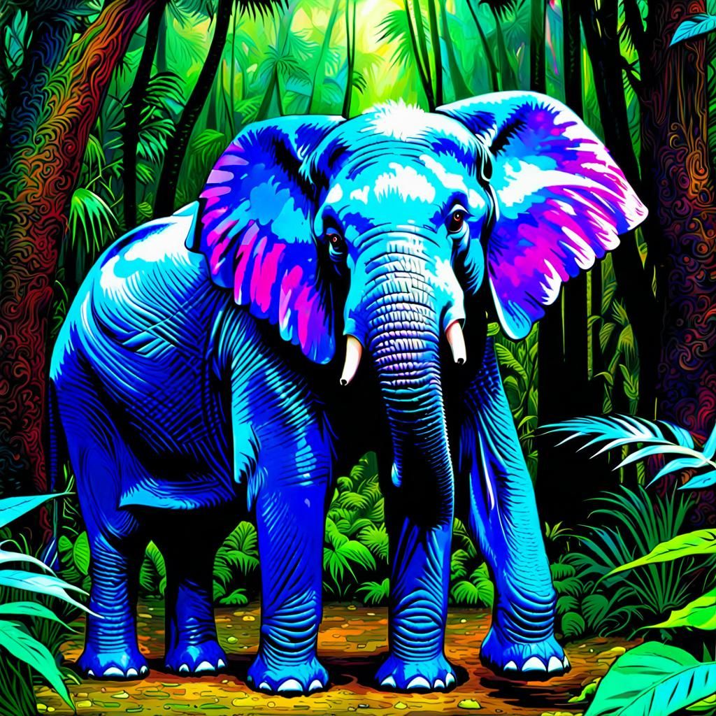 Iridescent Elephant in Psychedelic Burtonesque Jungle