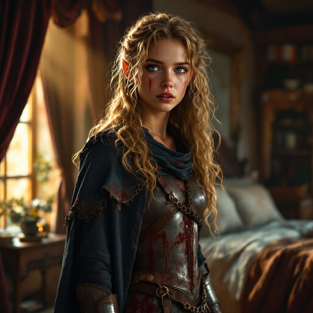Exhausted Elf Warrior in Medieval Bedroom, Hyper-Realistic S...