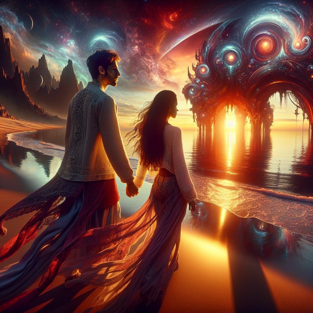 Sunset Beach Couple in Surreal Astronomical Landscape