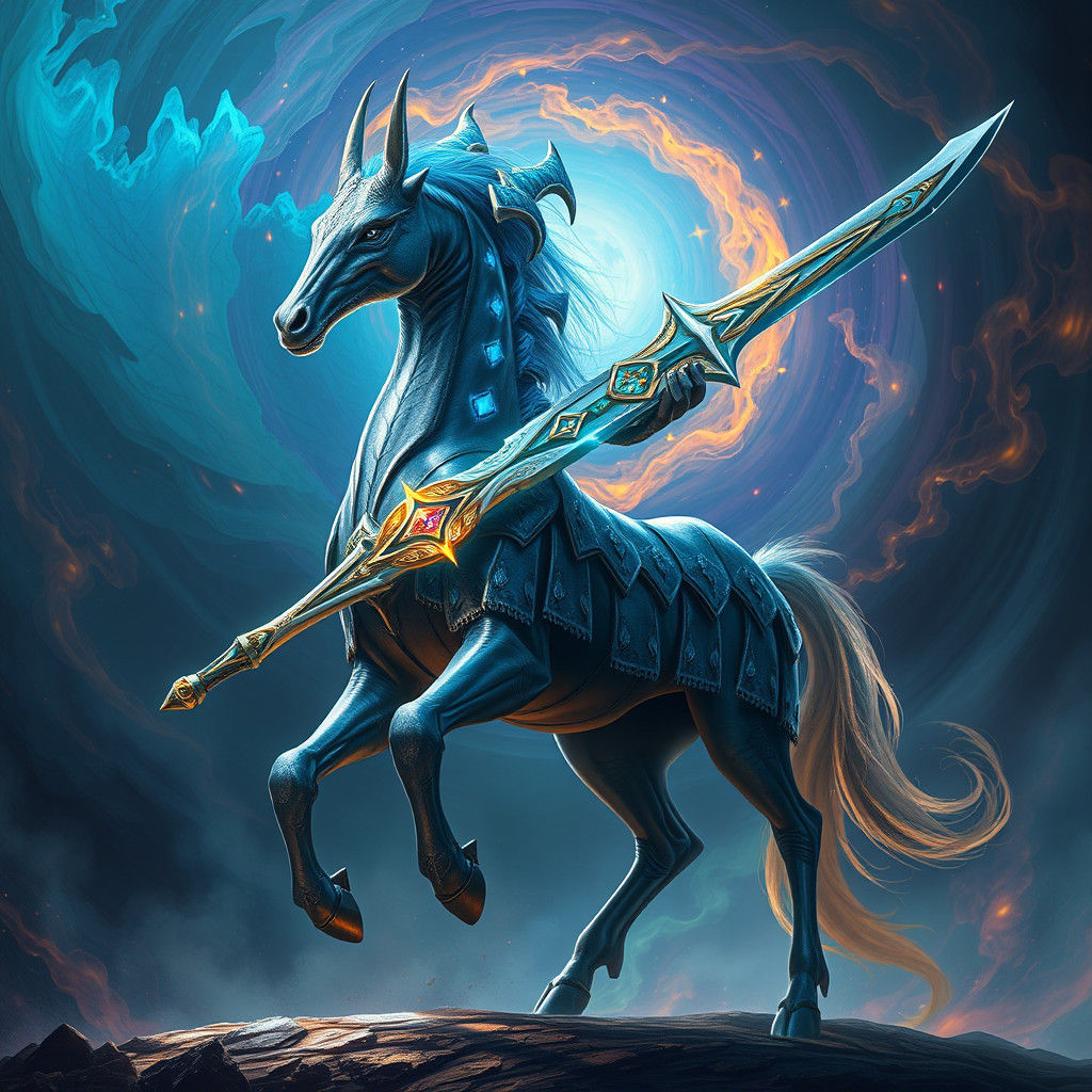 Otherworldly Half-Centaur Alien Warrior with Glowing Sword