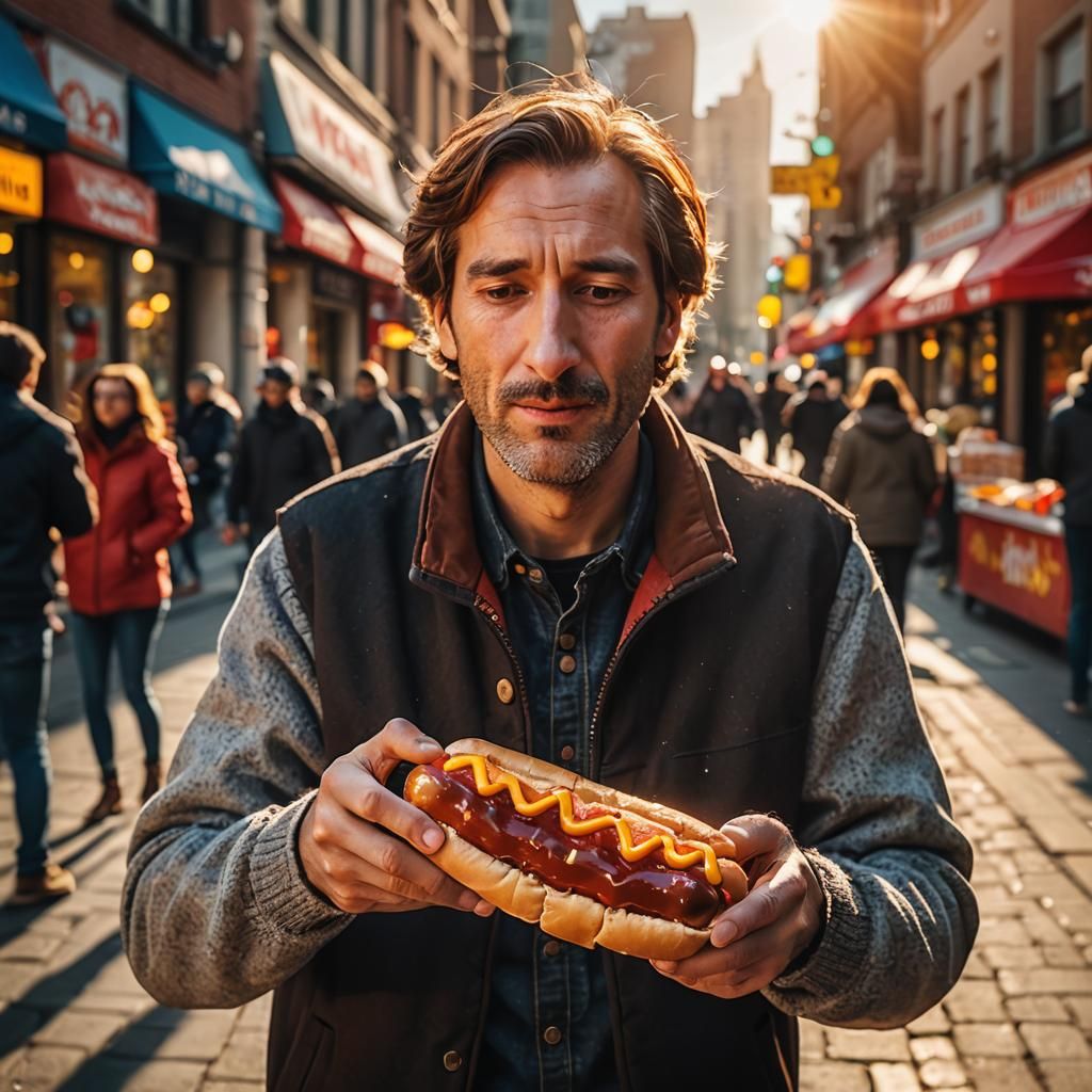 Man Eating Hot Dog in Street Photography Style