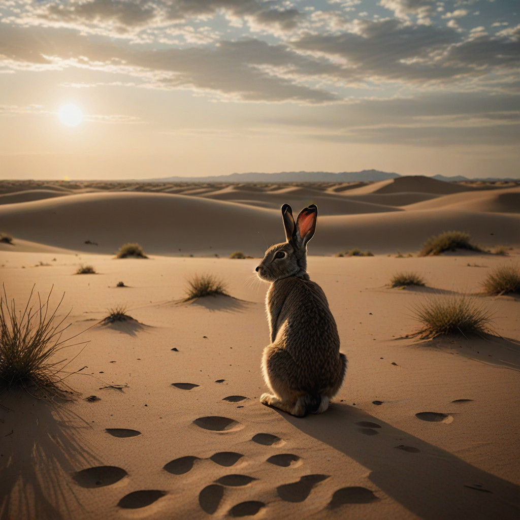 Ethereal Desert Landscape with Lone Rabbit in Cinematic Styl...