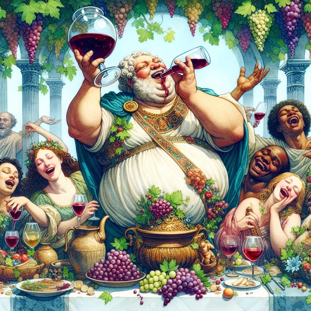 Bacchus, God of Wine, Celebrates in Watercolor Style