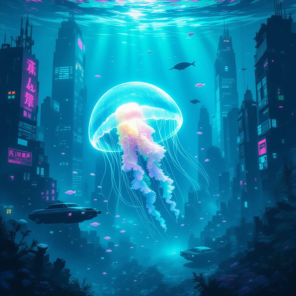 Bioluminescent Jellyfish in Sunken Cyberpunk City