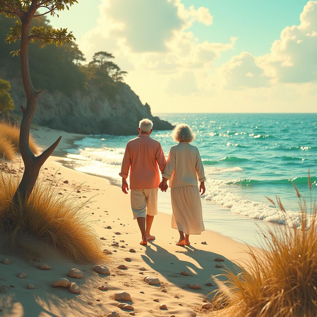 Elderly Couple Stroll on Dreamlike Beach in Fantasy Style