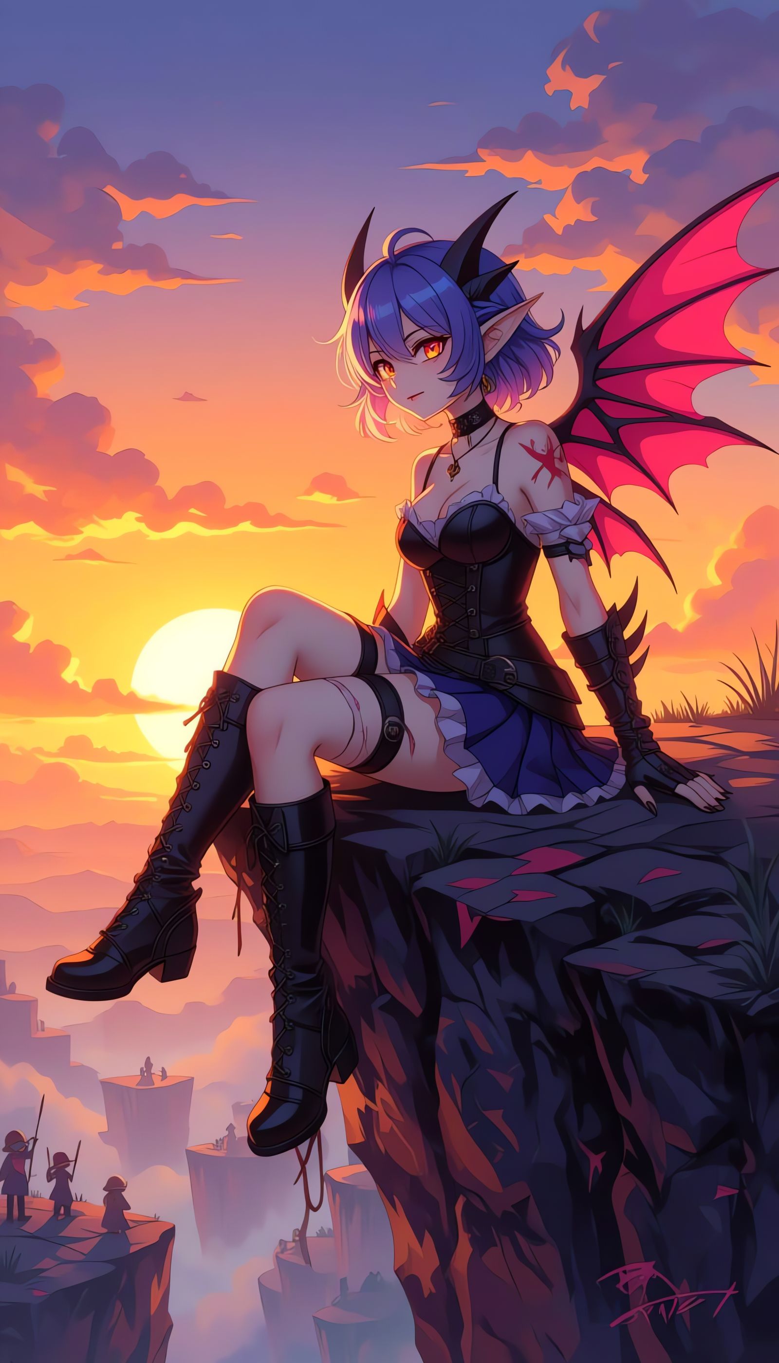 Beautiful Half-Demon Girl on Cursed Cliff in Anime Style