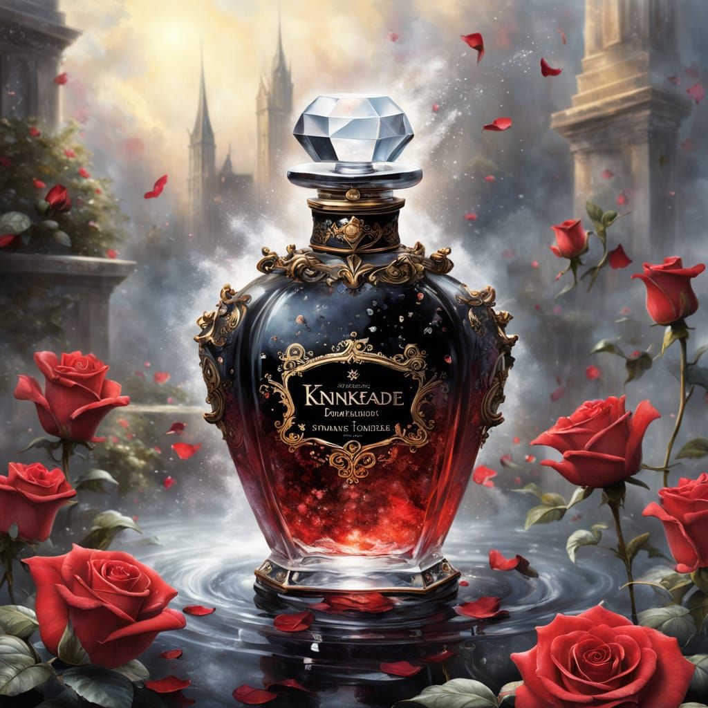 Gothic Perfume Bottle with Red Roses and Mist
