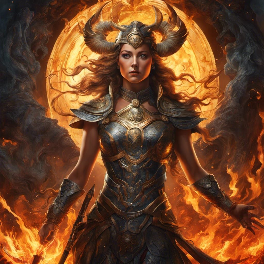 Detailed Painting of Artemis in a Fiery Landscape