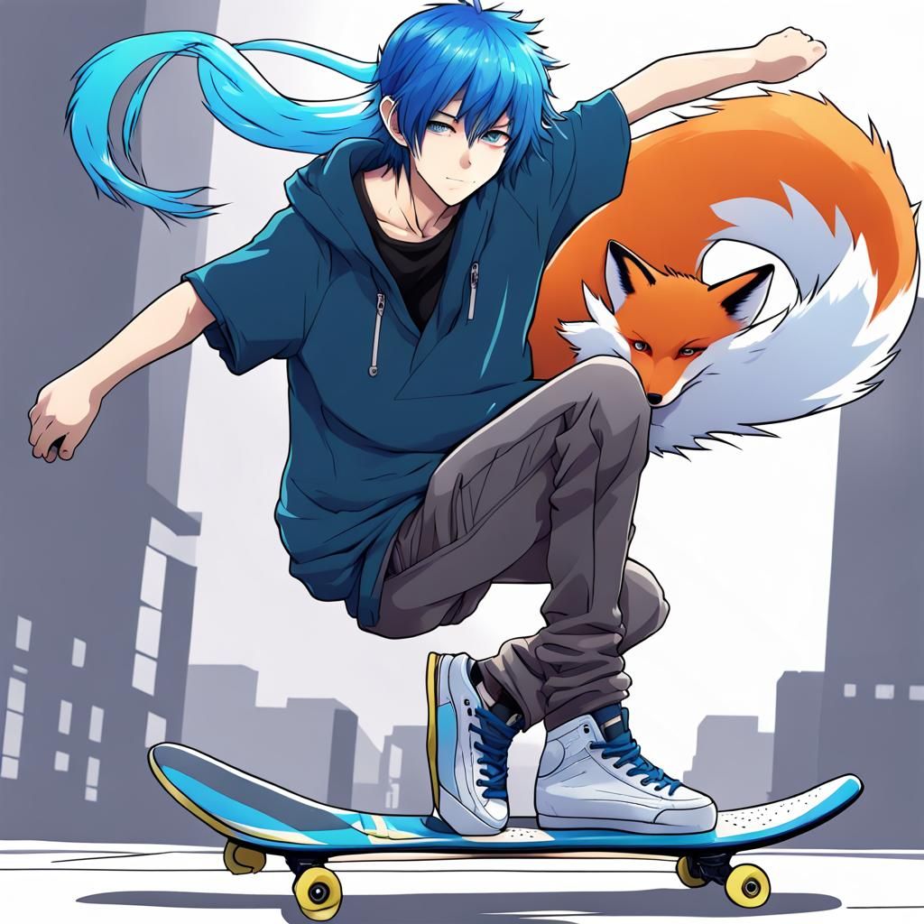 Blue-Haired Skater Boy with Fox Tail, Anime Style