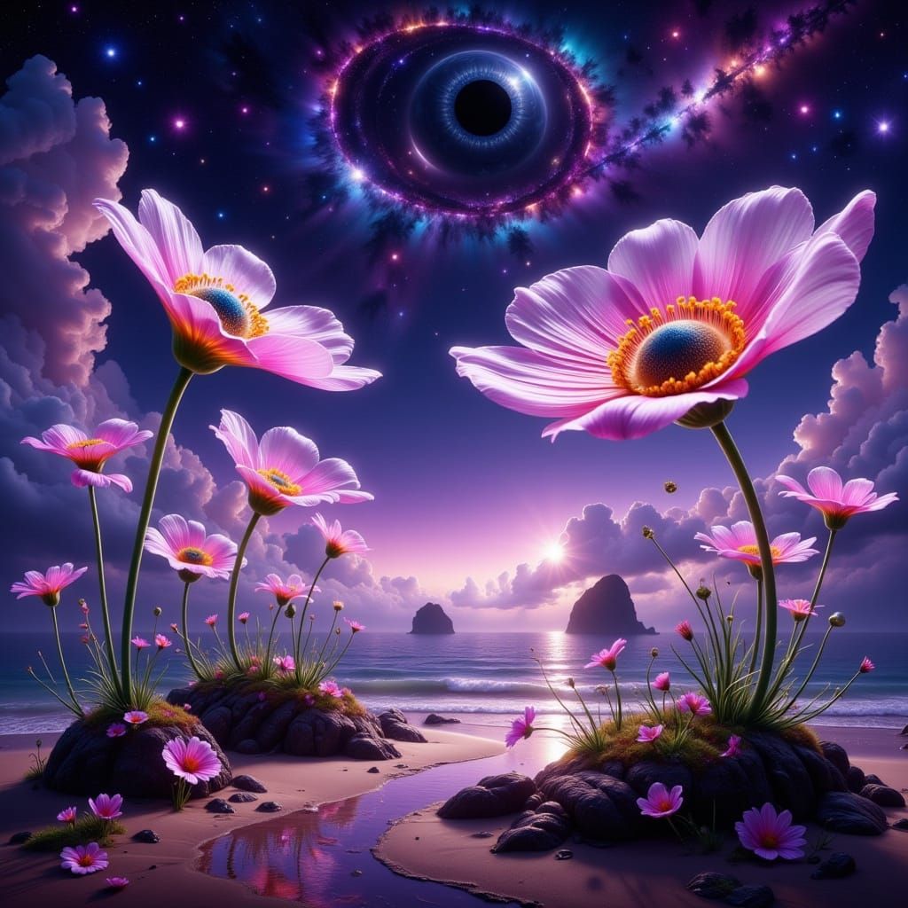 Mystical Beach Paradise with Glowing Eye Flowers