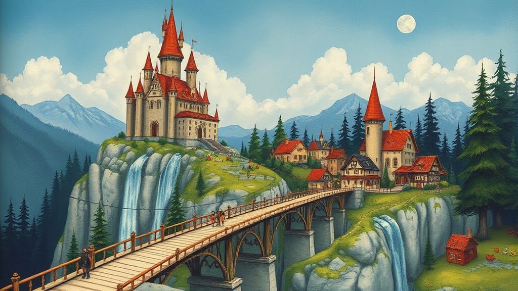 Whimsical Mountain Castle with Vibrant Waterfall and Bridge