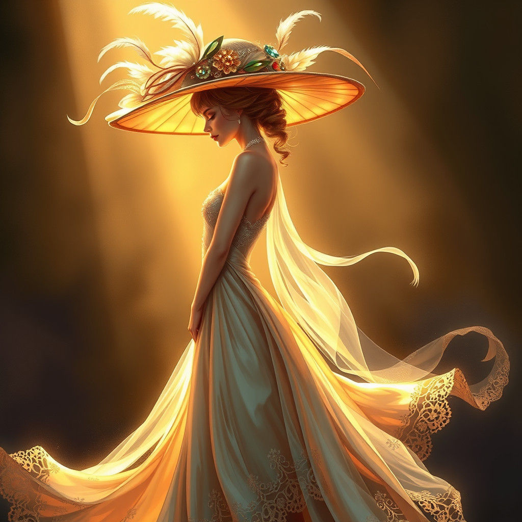 Ethereal Lady in Gown with Hat as Digital Art