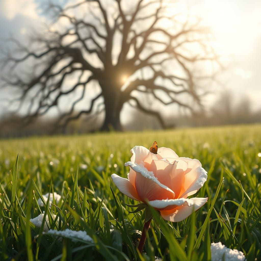 Snowy Rose in Whimsical Forest Landscape