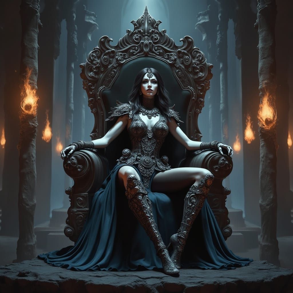 Drow Warrior Queen on Skull Throne in Dark Fantasy