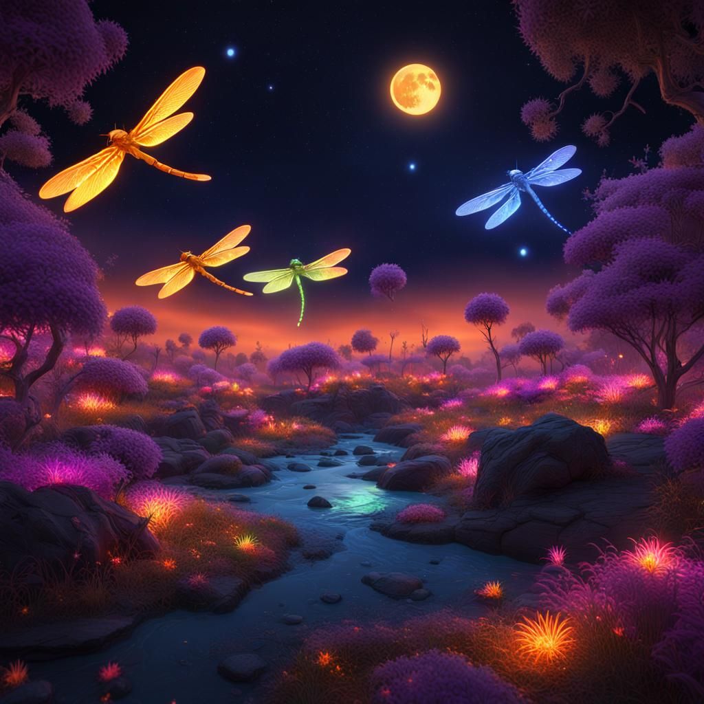 Bioluminescent Moon Over Starry Night Sky