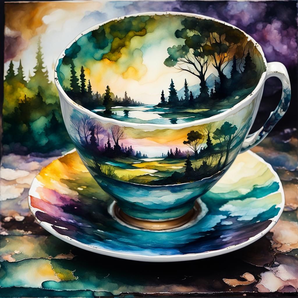 Double Exposure Teacup Landscape in Gouache Style
