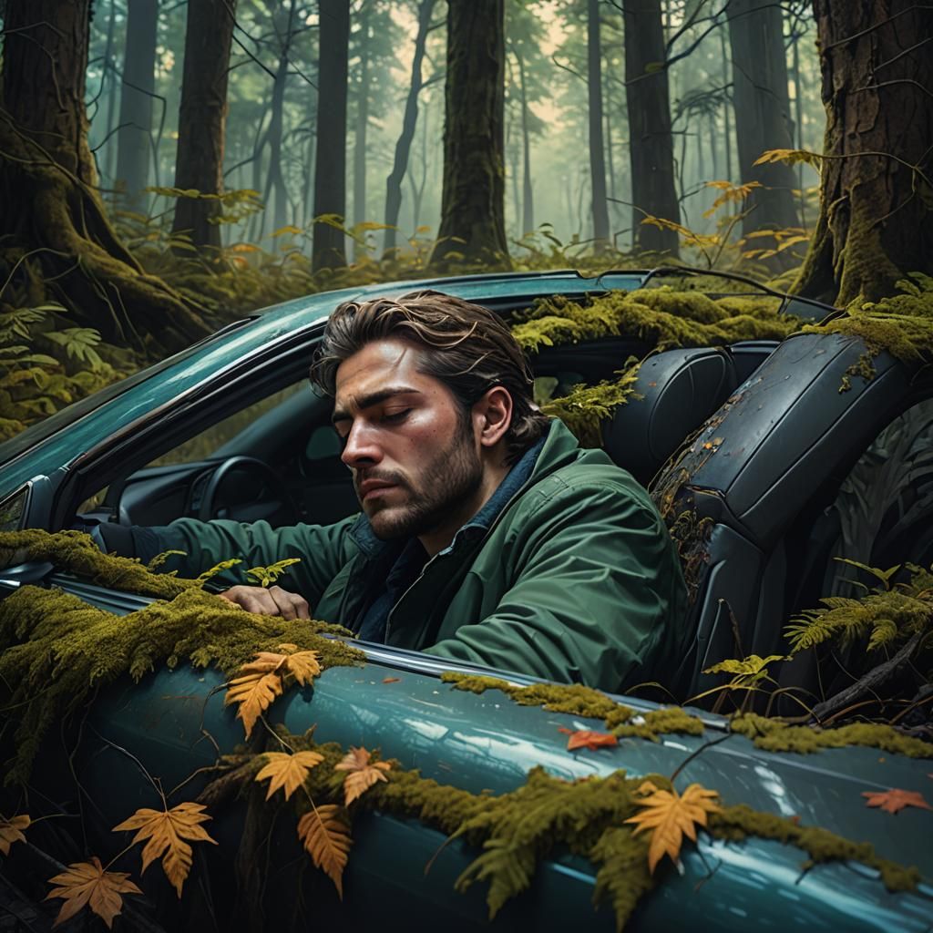 Man Sleeping in Car in Eerie Forest, Hyperrealistic