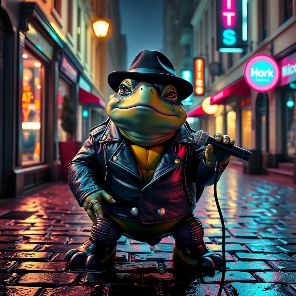 Singing Turtle in Fedora Under Neon Lights