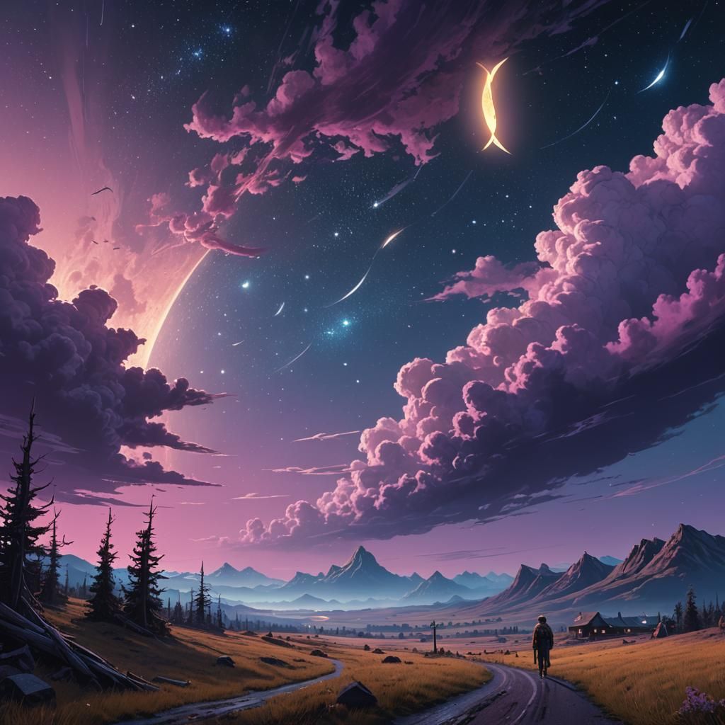 Starry Night Sky and Crescent Moon Fantasy Art