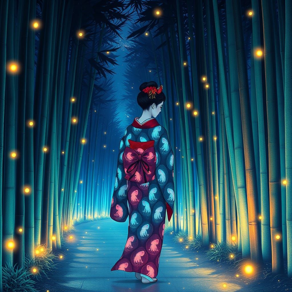 Bioluminescent Geisha in Mystical Bamboo Forest at Twilight