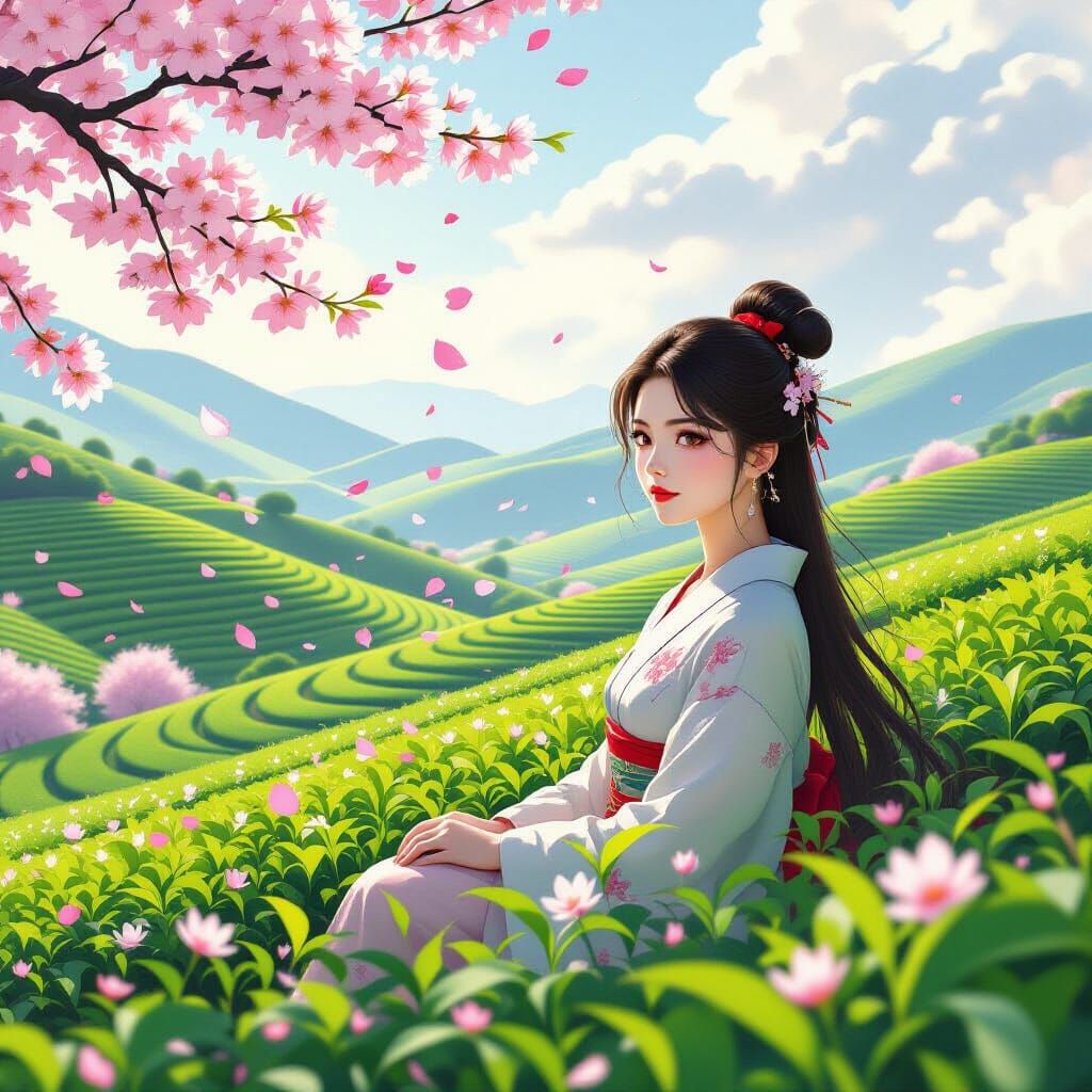 Serene Tea Plantation with Sakura Blossoms, Digital Art