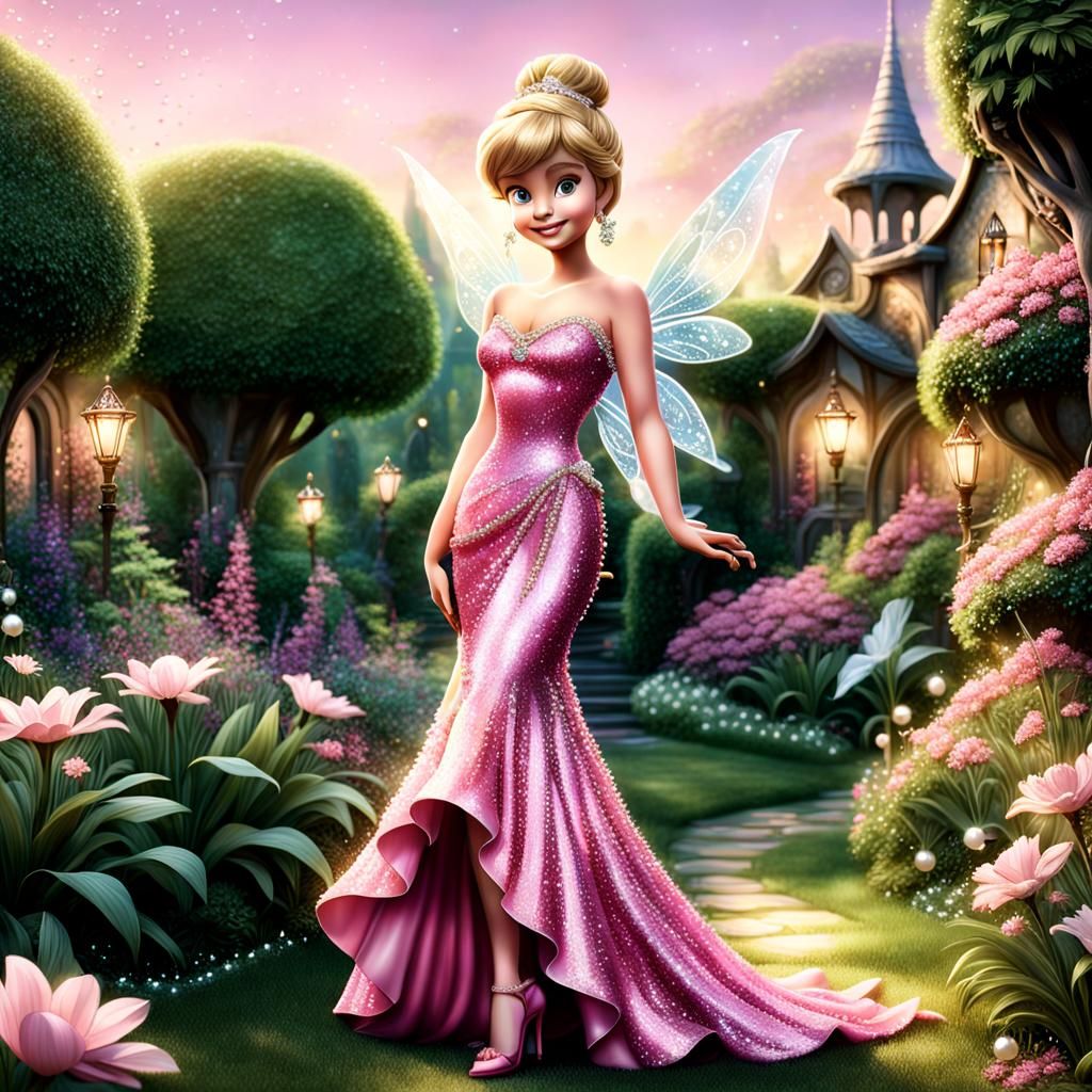 Hyperrealistic Tinkerbell in Pink Gown in Neverland