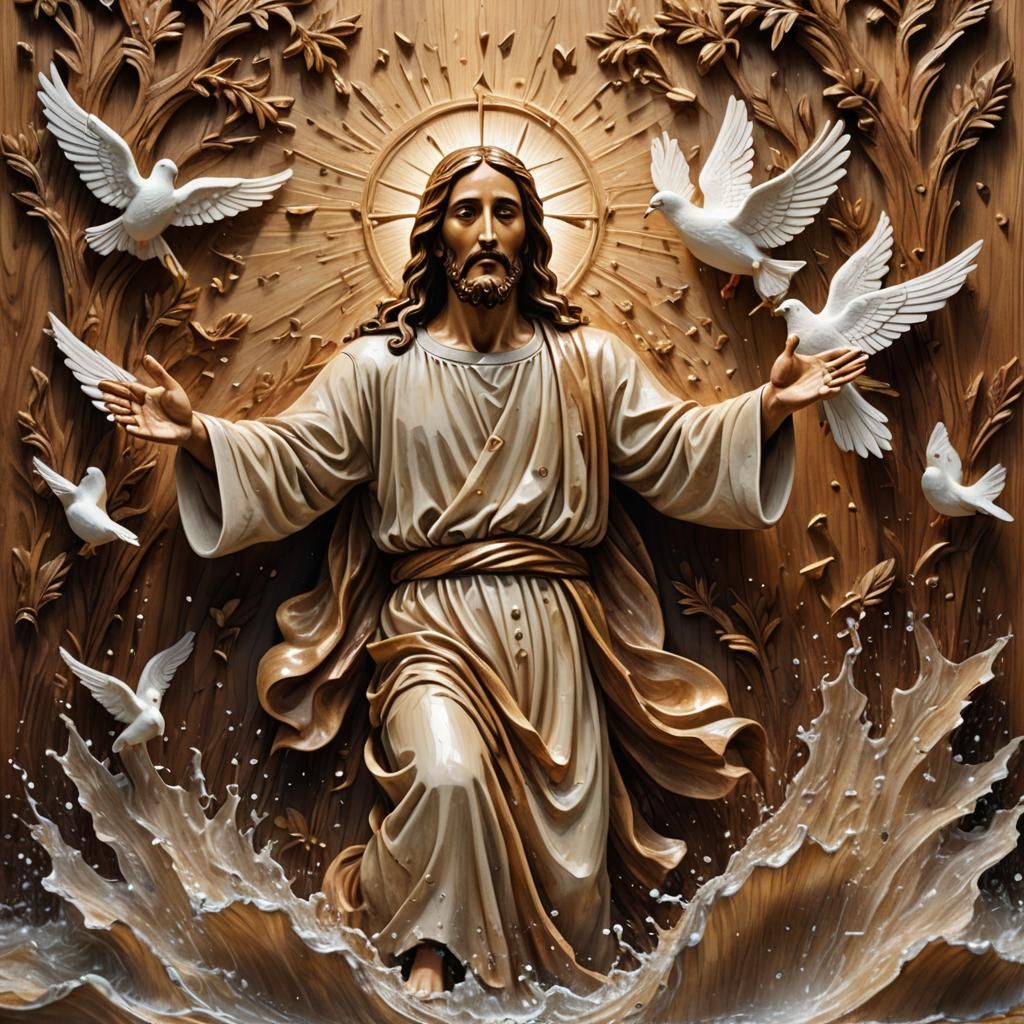 Jesus's Baptism: Ornate Wood Carving in Baroque Style
