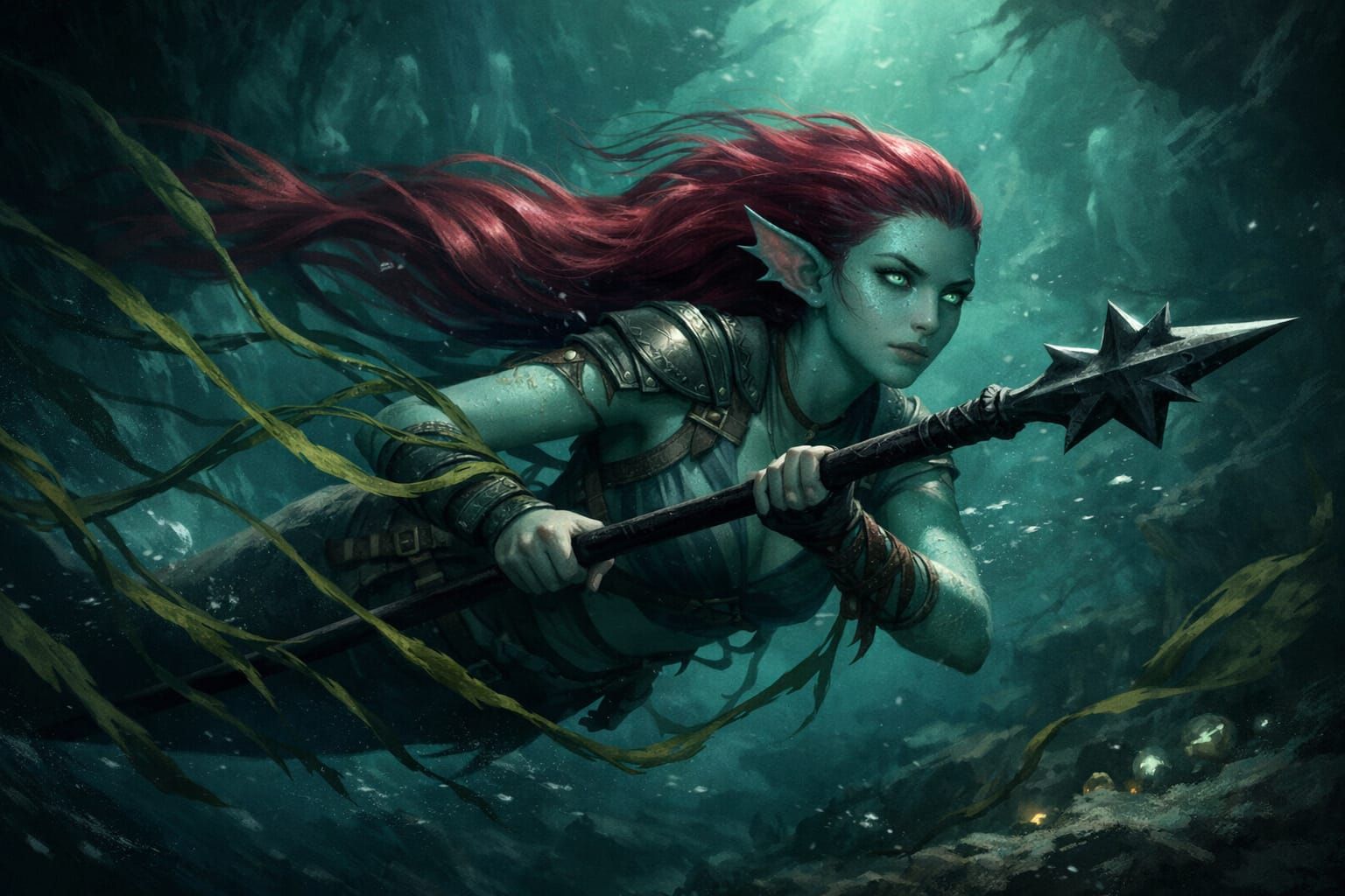 Merfolk Scout Navigates Eerie Deep-Sea Currents