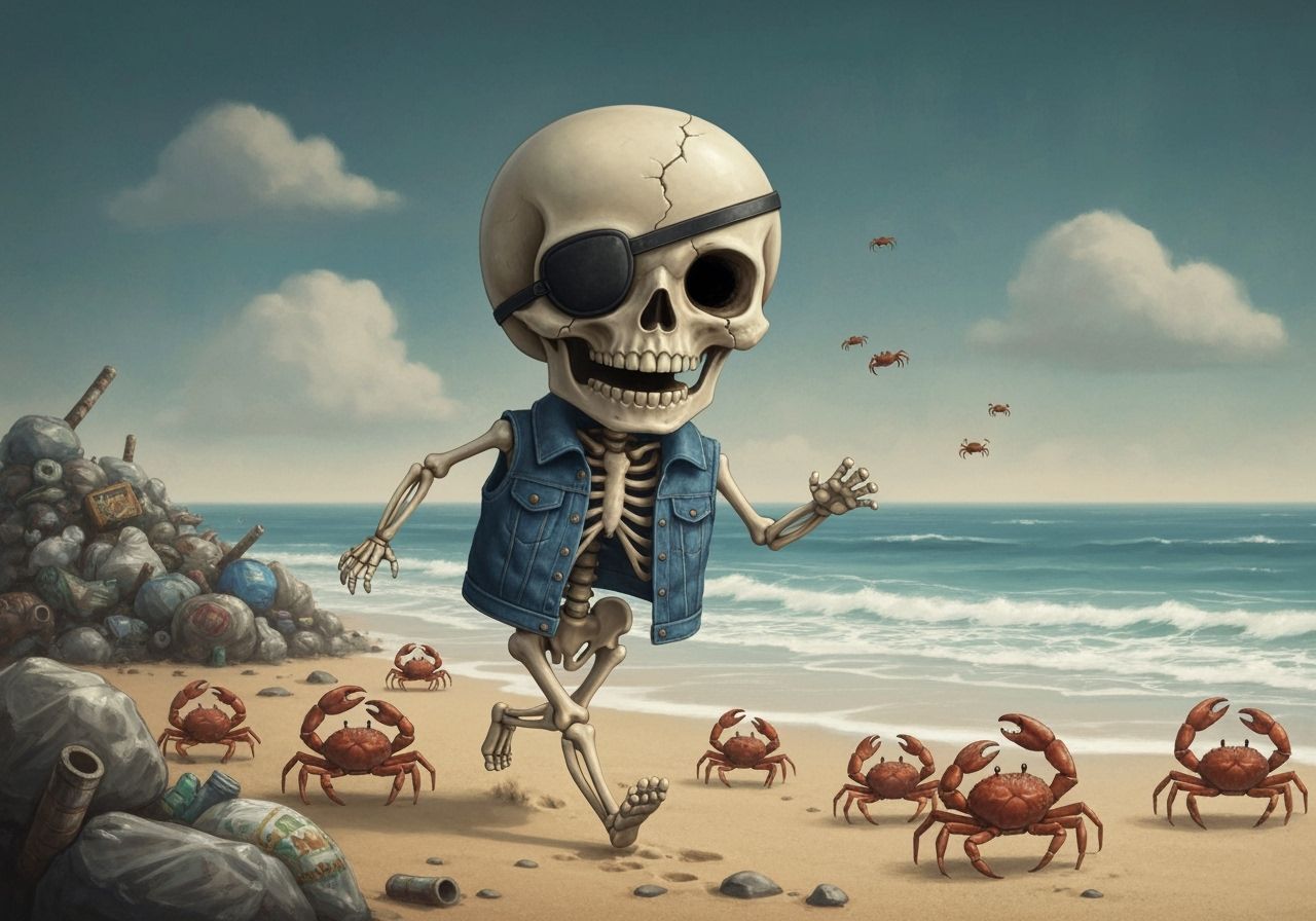 Whimsical Skeleton Child Chases Crabs on Polluted Beach