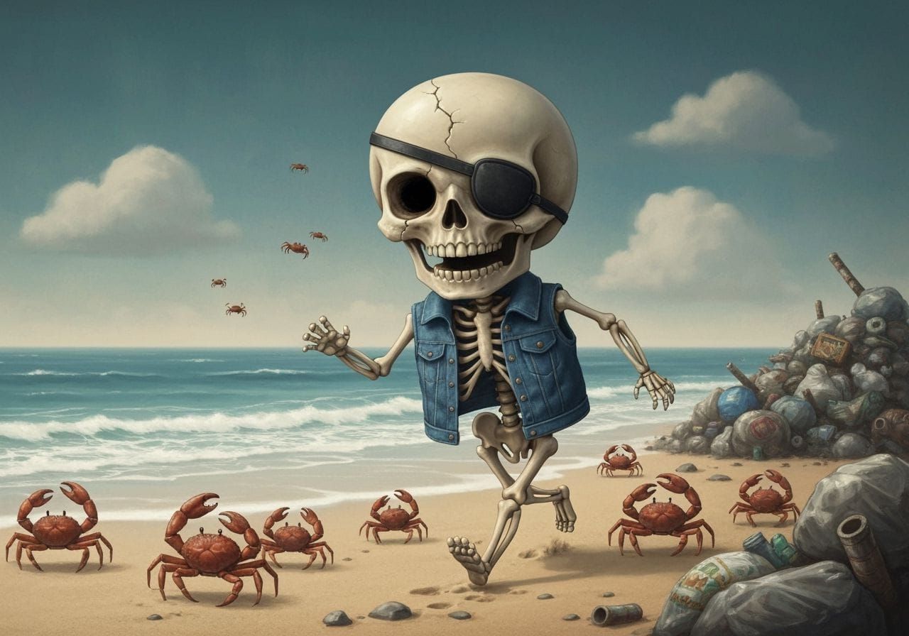 Whimsical Skeleton Child Chases Crabs on Polluted Beach