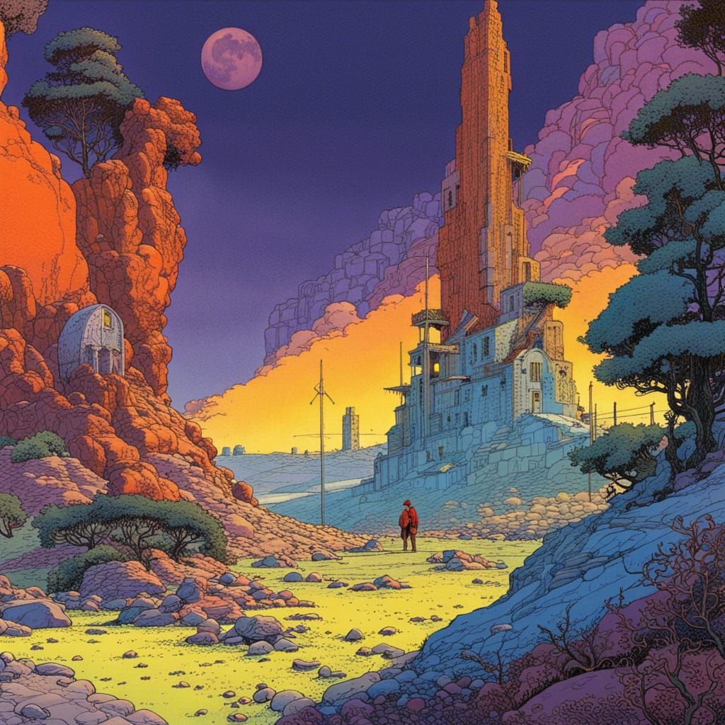 Twilight Landscape in Moebius Style