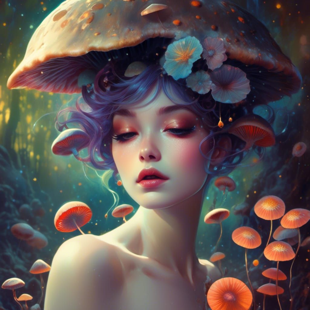 Mushroom Fairy Portrait as Watercolor Painting